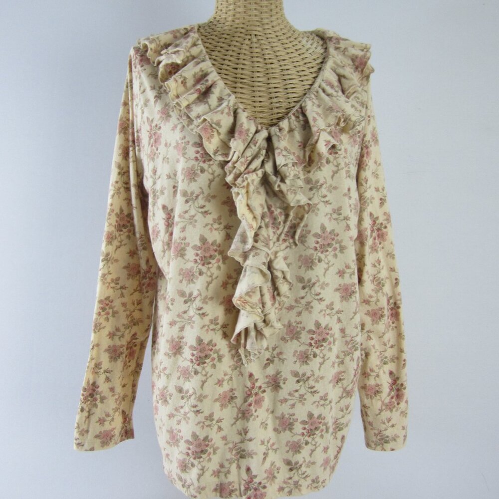 Ralph Lauren Jeans Co Womens Plus 1X Beige Floral LS  Cotton Ruffle V Neck Top